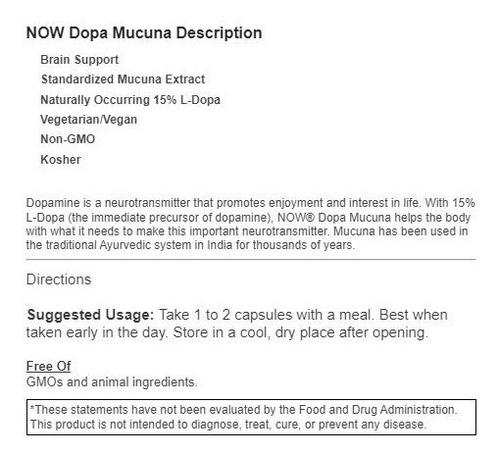 Imagen 2 de 2 de Dopa Mucuna - L Dopa - 180 Capsulas Veganas - Now Foods