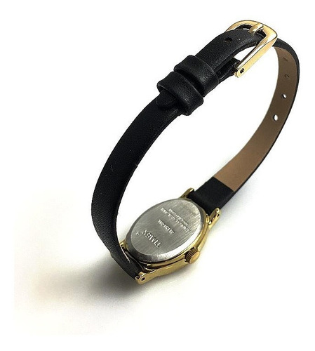 Reloj de pulsera Timex T219129J de cuerpo color dorado, analógico, para mujer, fondo blanco, con correa de cuero color negro, bisel color dorado y hebilla simple