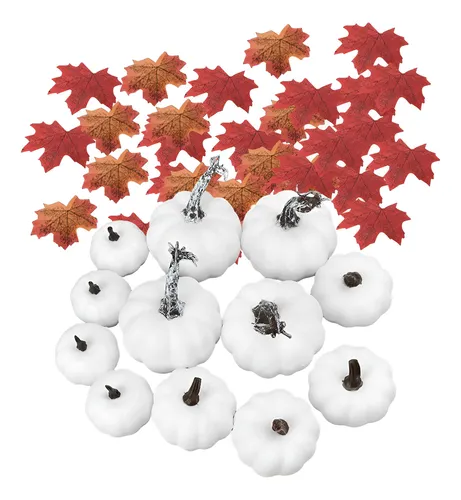 FUTUREPLUSX - Juego de calabazas artificiales mixtas, 7 piezas de diferentes calabazas con 30 hojas de arce artificiales para la decoración de fiesta de Acción de Gracias o de Halloween