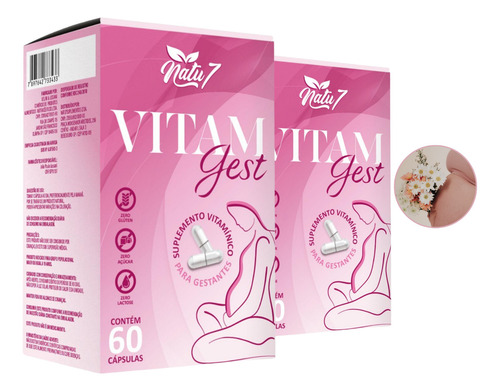 Kit 2 Vitamina Alimentar Vitam Gest 120 Cáps Natu7 Cápsula Grávida Natural Sabor Sem Sabor