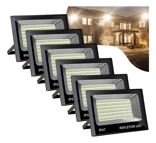 Kit 6 Refletor Holofote 400w Super Led Ip67 Prova D´agua Cor Da Carcaça Preto Cor Da Luz Branco Quente 3500k