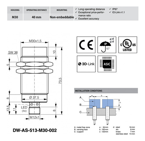 Sensor M30 40mm Conexion M12 4pin Na Pnp Dw-as-513-m30-002
