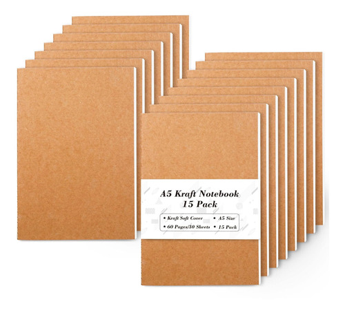 Feela - Paquete De 15 Cuadernos De Papel Kraft A5, 60 Pginas