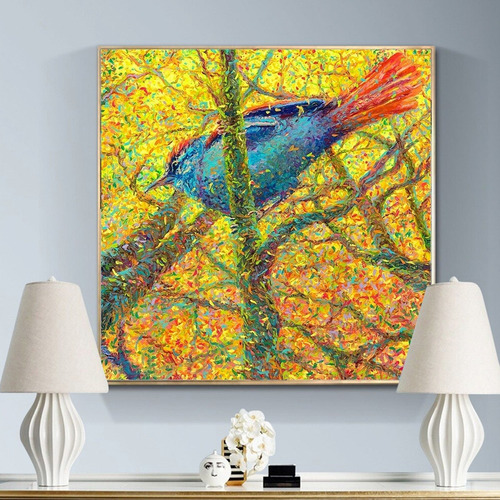 Cuadro Pájaro Arbol Estilo Oléo Moderno Con Marco Flotante Color Multicolor Armazón