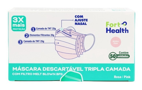 Máscara Descartável Fort H. Rosa - Tripla Camada C/50un