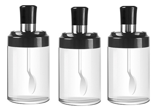 Kit 3 Potes Vidro Com Colher Tempero Condimento Sal Açucar