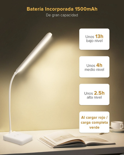 Imagen 6 de 7 de Lámpara De Escritorio Led Recargable Usb 1500mah