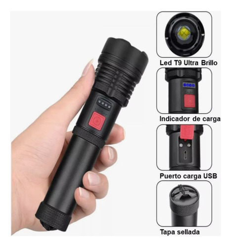 Lámpara Táctica Led Recargable Usb Linterna De 5 Modos
