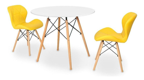 Kit Mesa Jantar Eiffel 80cm Branca + 02 Cadeiras Slim Cor Amarelo