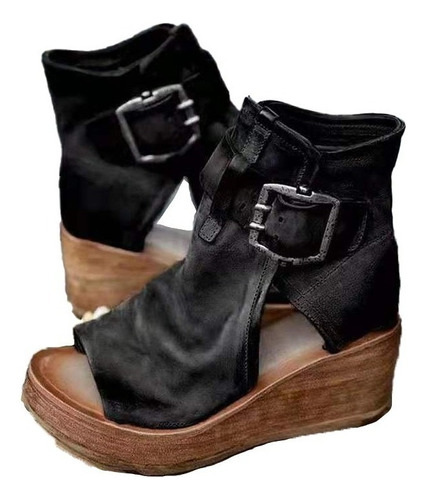 Moda Sandalias Dama Romanas Negro Plataforma De Cuña