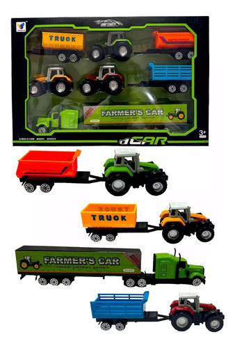 Set 4 Vehiculos 3 Tractores Con Carro Y Camion De Cargas