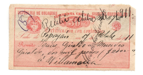 Cubierta De Valor Declarado Vale 50 Centavos 1911