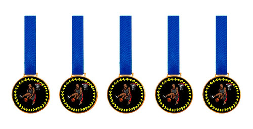 Kit C/5 Medalhas De Basquete C/fita Azul 60mm Personalizada