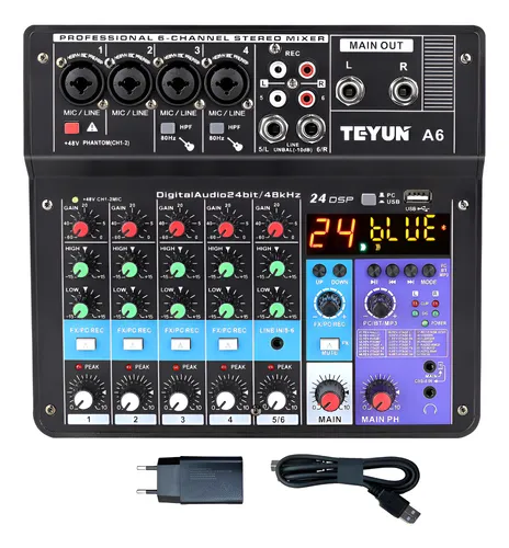 Mesas De Som Mixer Usb Bluetooth Teyun A6 6 Canais Com 24dsp