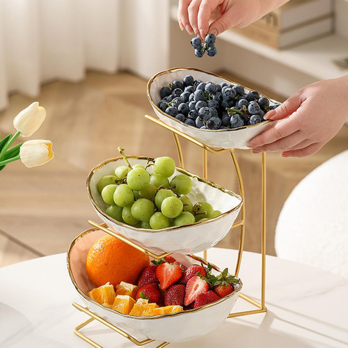 Ceramic Fruit Bowl For Kitchen Counter Tiered 3 Layers Gold