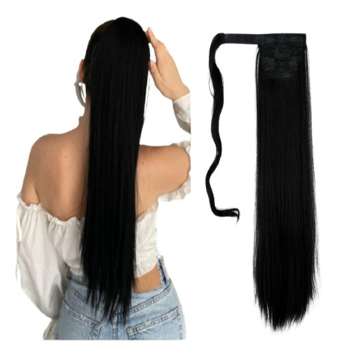 Cola De Cabello Negro Seminatural Extralargo Liso