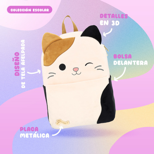 Mochila Escolar Reforzada Squishmallows Cute Gatito Blanco