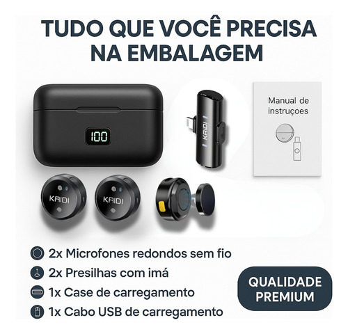 Microfone De Lapela Duplo Anti Ruído Sem Fio Redondo Premium