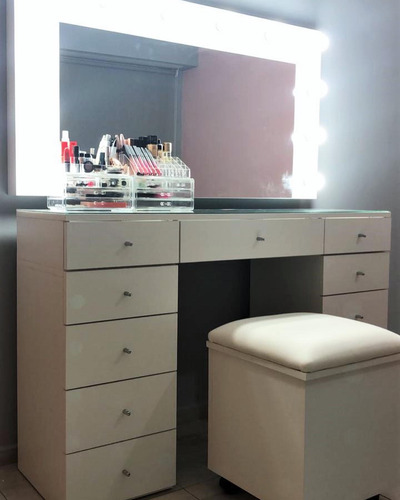 Tocador Hollywood Make Up 130, Banqueta Y Lámparas De Regalo Blanco