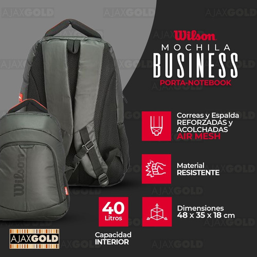 Imagen 5 de 10 de Mochila Porta Notebook 17 Wilson Urbana Reforzada Deportes