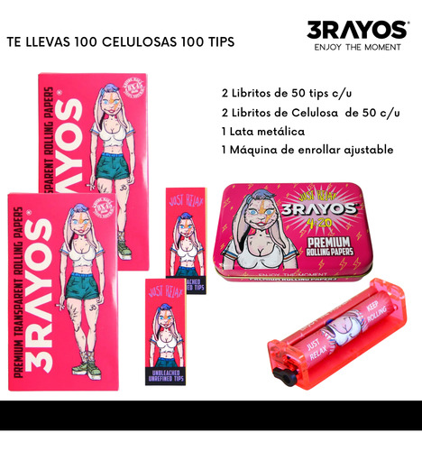 Kit Armador Cigarrillo + Lata + Celulosa Y Tips X 100 3rayos Rosa