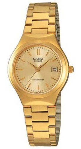 Reloj pulsera Casio LTP-1170N-9A de cuerpo color plateado y dorado, análogo, para mujer, fondo dorado, con correa de acero inoxidable color dorado, bisel color dorado y desplegable