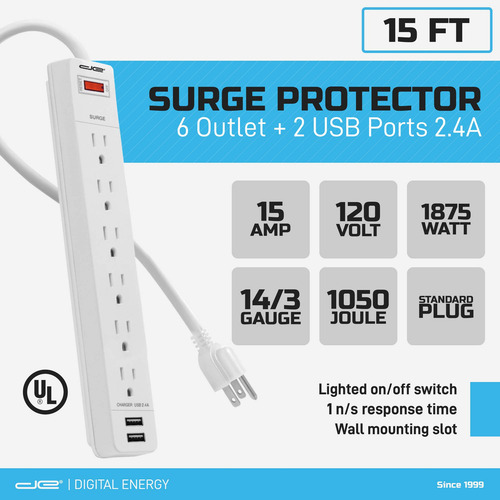 Regleta De Enchufes Con 6 Tomas De Corriente + 2 Puertos Usb