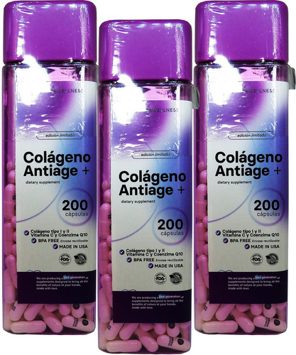 3 X Colageno Antiage Coenzima Q10 Vit C 200 Caps Made In Usa