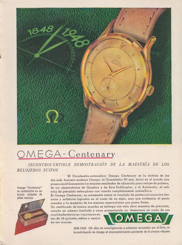 1948 Hoja Publicidad Reloj Omega Centenary Vintage Raro