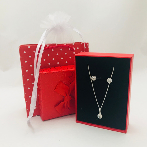Conjunto Colar Pingente Brinco Prata 925 Ponto Luz 6mm Lindo