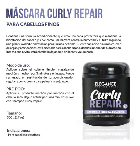 Mascara Curly Repair Para Cabellos Finos De 500 Ml Elegance