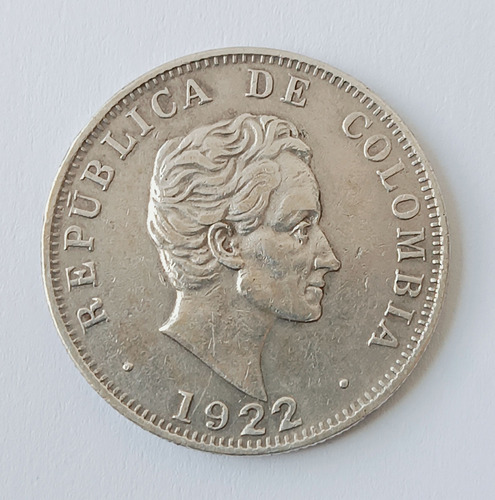 Moneda Colombia 50 Centavos 1922 Plata Ley 0.900  12.5grs