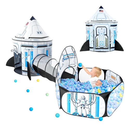 White Rocket Ship Kids Ball Pit Con Play Tent Y Play Tunnel,