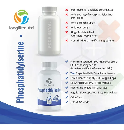 Longlifenutri Fosfatidilserina Pura 500 Mg, Suplemento Para Fortalecer La Memoria, 180 Cápsulas Veganas