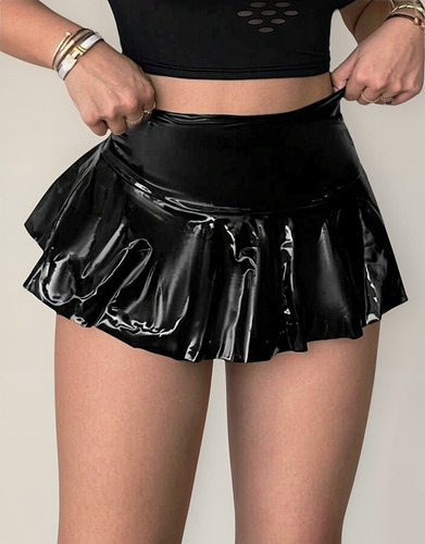 Minifalda Vinilo Engomada Con Brillos Negra Sexy Tiro Alto