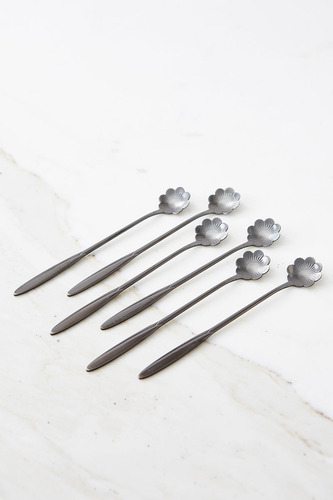 Set X 6 Cucharas De Acero Negro Diseño Flor 18 Cm