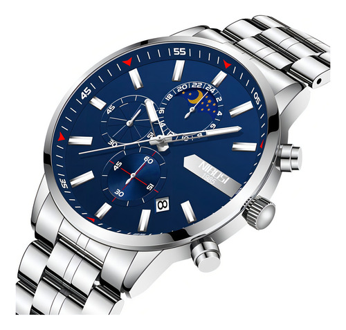 Relógios de quartzo luminoso Nibosi 2501 Moon Phase com fundo prateado/azul