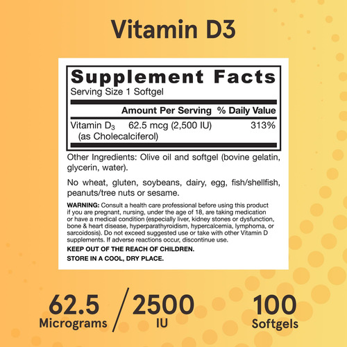 Suplemento Jarrow Formulas Vitamina D3 2500 Ui Softgels 100