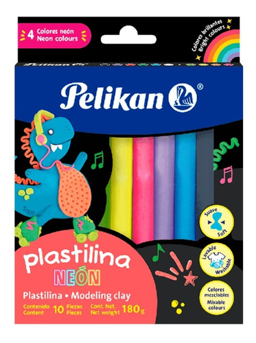 Plastilina 10 Barras Pelikan Colores Neón Escolar Niños