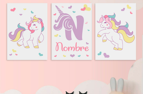 Set 3 Cuadros Personalizados Nombre Unicornio 28x40cm
