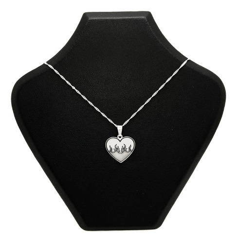Cadena Y Dije Corazón Llamas Fuego Ardiente Plata 925 Plata 925 50 Cm