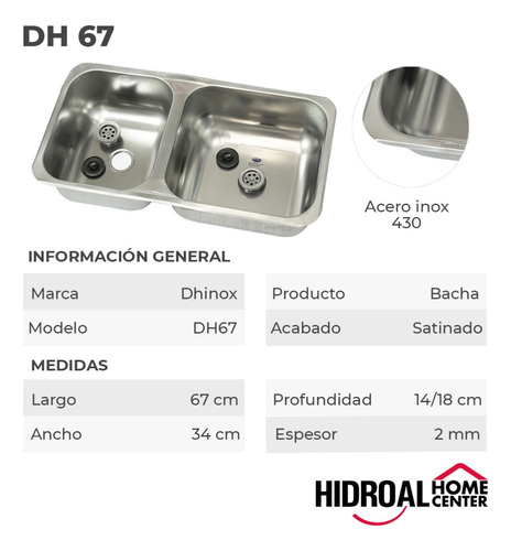 Imagen 3 de 4 de Pileta Bacha Doble Cocina Acero Inoxidable 67 Cm Profunda
