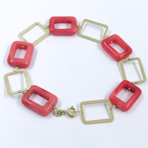 Pulseira Feminina Ouro Amarelo 18k Retangulo Coral Sintético