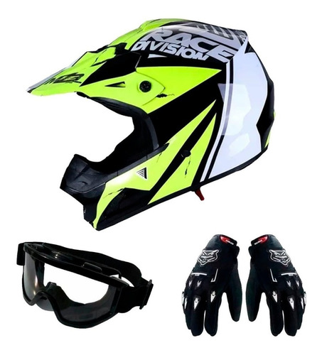 Kit Casco Cross Vertigo Mz3 Rd Guantes Antiparras ** Fas