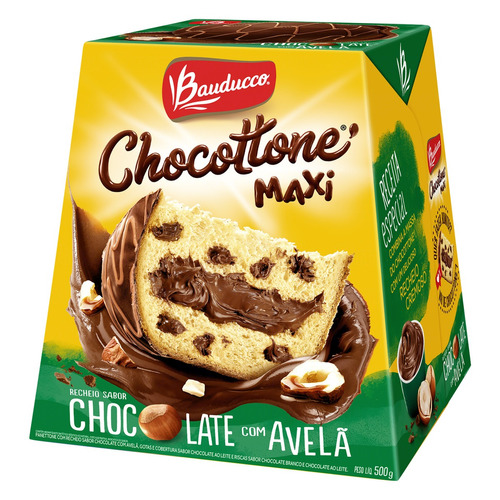 Panettone Recheio Chocolate com Avelã Cobertura Chocolate ao Leite Bauducco Chocottone Caixa 500g