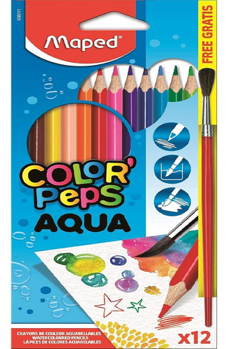 Lápis de Cor 12 Cores Aquarelável Pincel de Madeira Maped