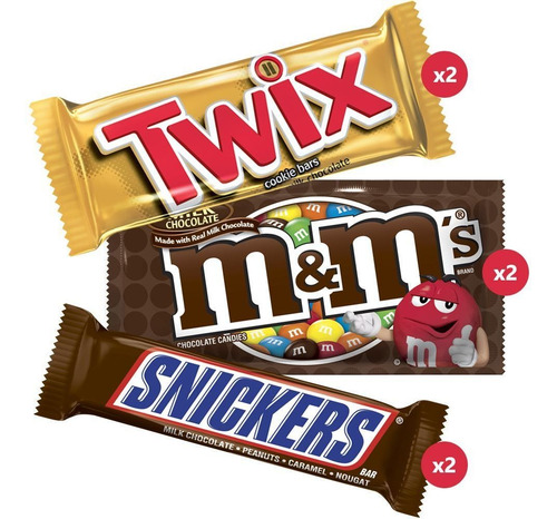 Snickers Singles X2 + M&m's Milk Choco X2 + Twix X2