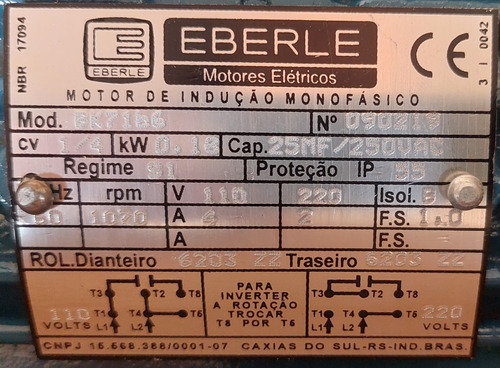 Motor Monofásico 1/4cv 110/220v 1070rpm 6polos Eberle