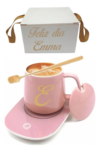 Taza Con Calentador + Inicial En La Taza+ Caja Personalizada Blanco