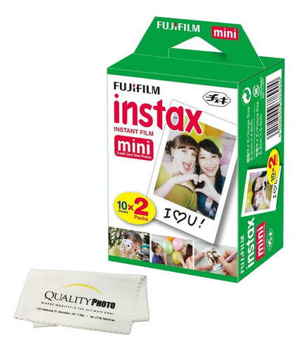 Fujifilm Instax Mini Película Instantánea (blanco) Para Cámaras Fujifilm Mini 8 Y Mini 9 Con Paño De Microfibra De Quality Photo (20 Hojas De Película)